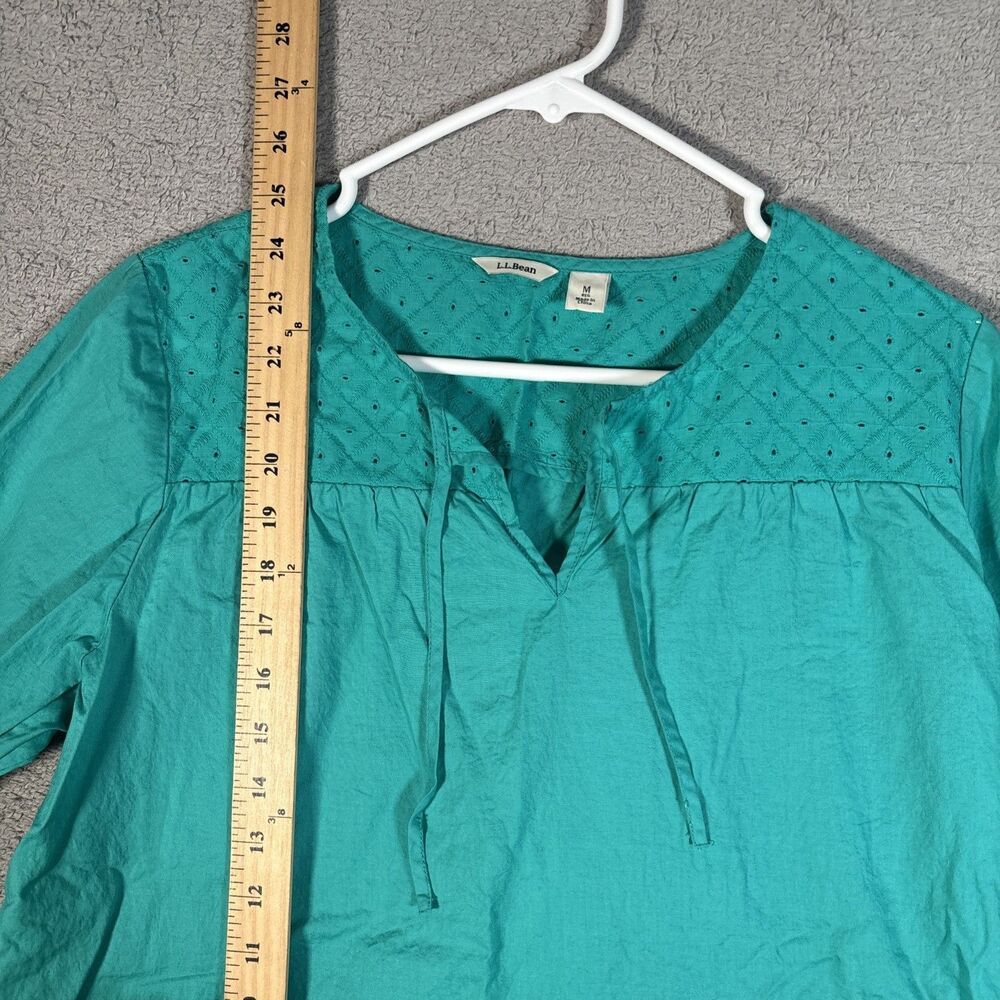LL Bean Top Women’s Size M Teal Eyelet Chest Tie Neck‎ 3/4 Sleeve Blouse Shirt - Picture 6 of 11